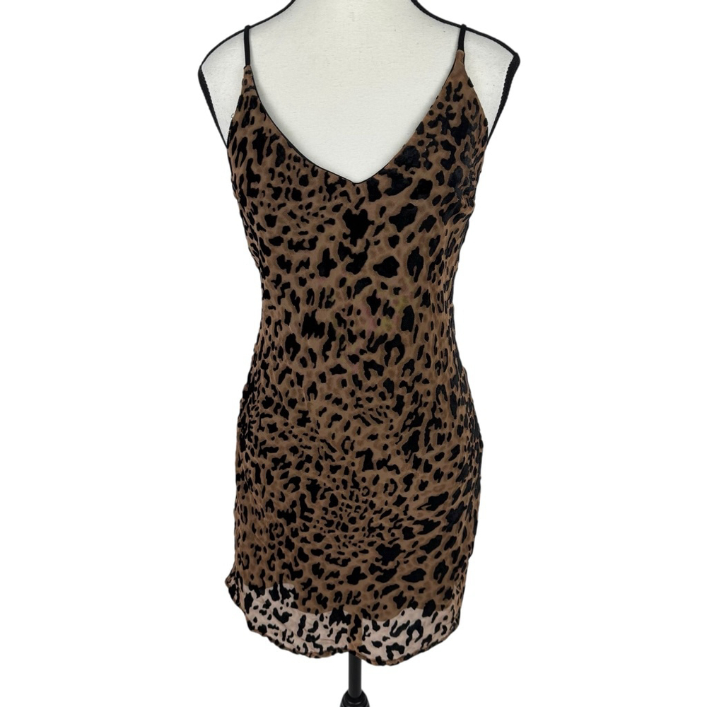 Leopard Print Mini Slip Dress M Brown Spaghetti Bodycon Club Party Coquette NWT - Picture 2 of 10